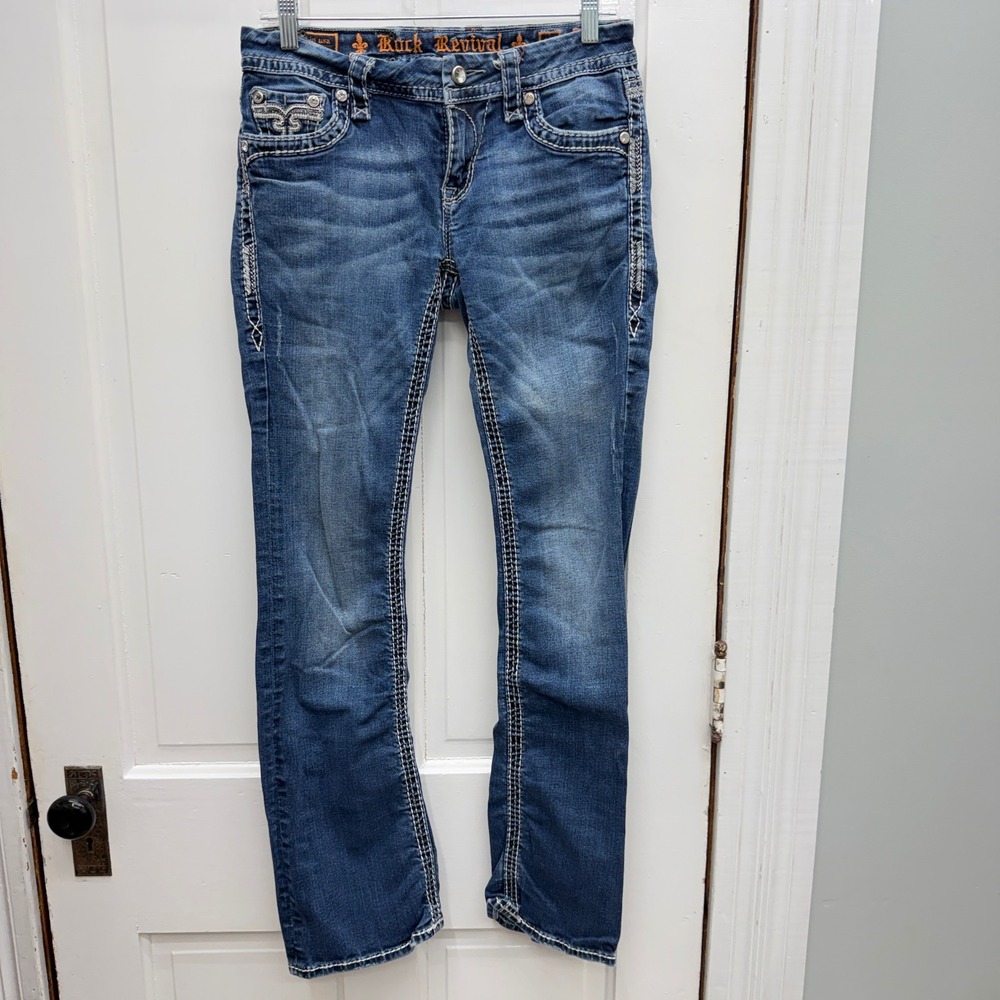Rock Revival Marie Easy Boot Jeans Women 27 Blue Distressed Flap Pocket - Picture 2 of 8